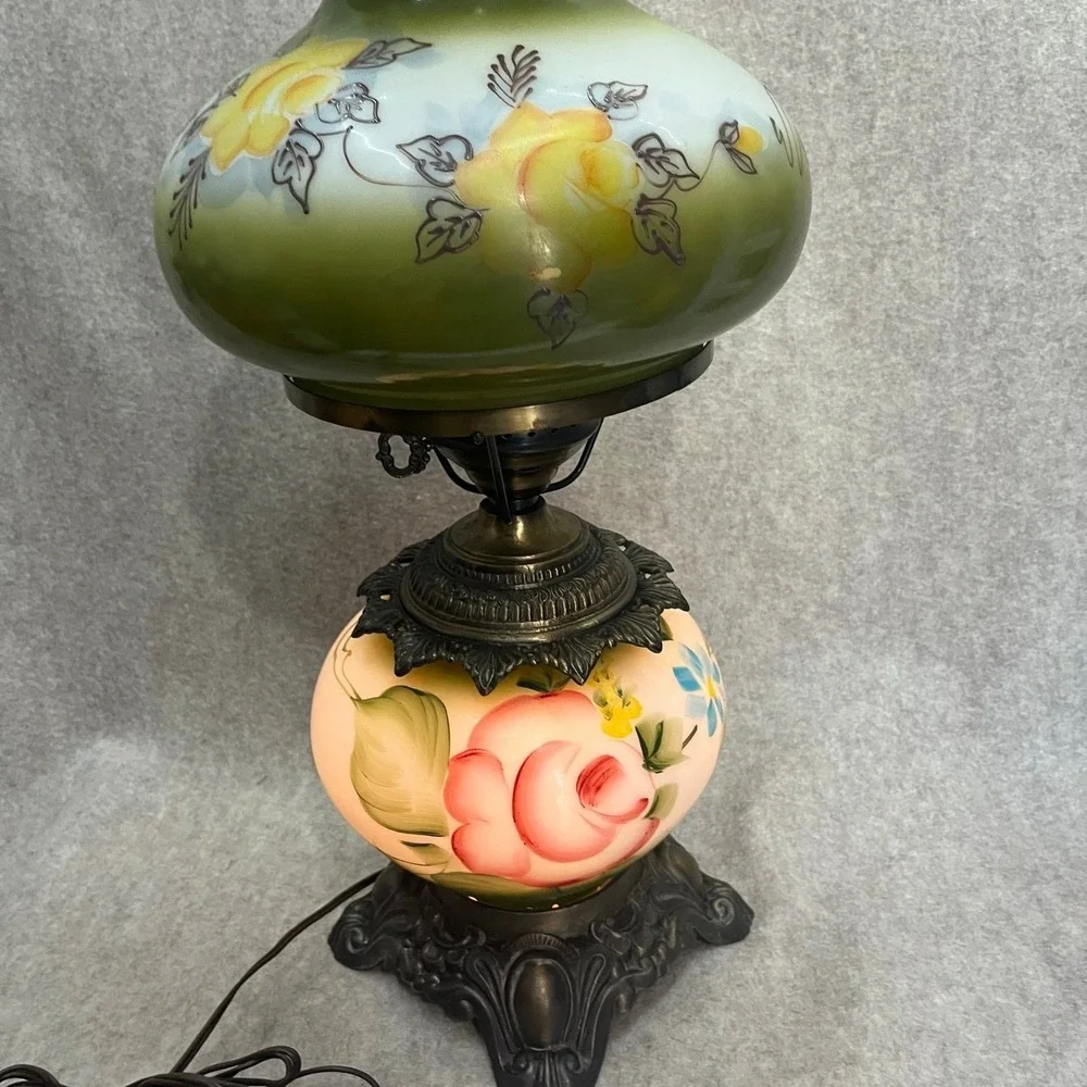 Vintage Green‎ Floral Hurricane Lamp 3-Way Turn Key 21inches